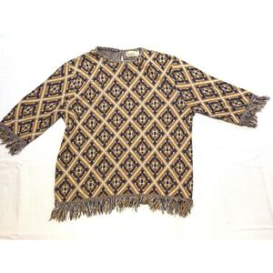 Vintage 70s Beeline Fashions Knit‎ Sweater Fringe Hem Geometric Small
